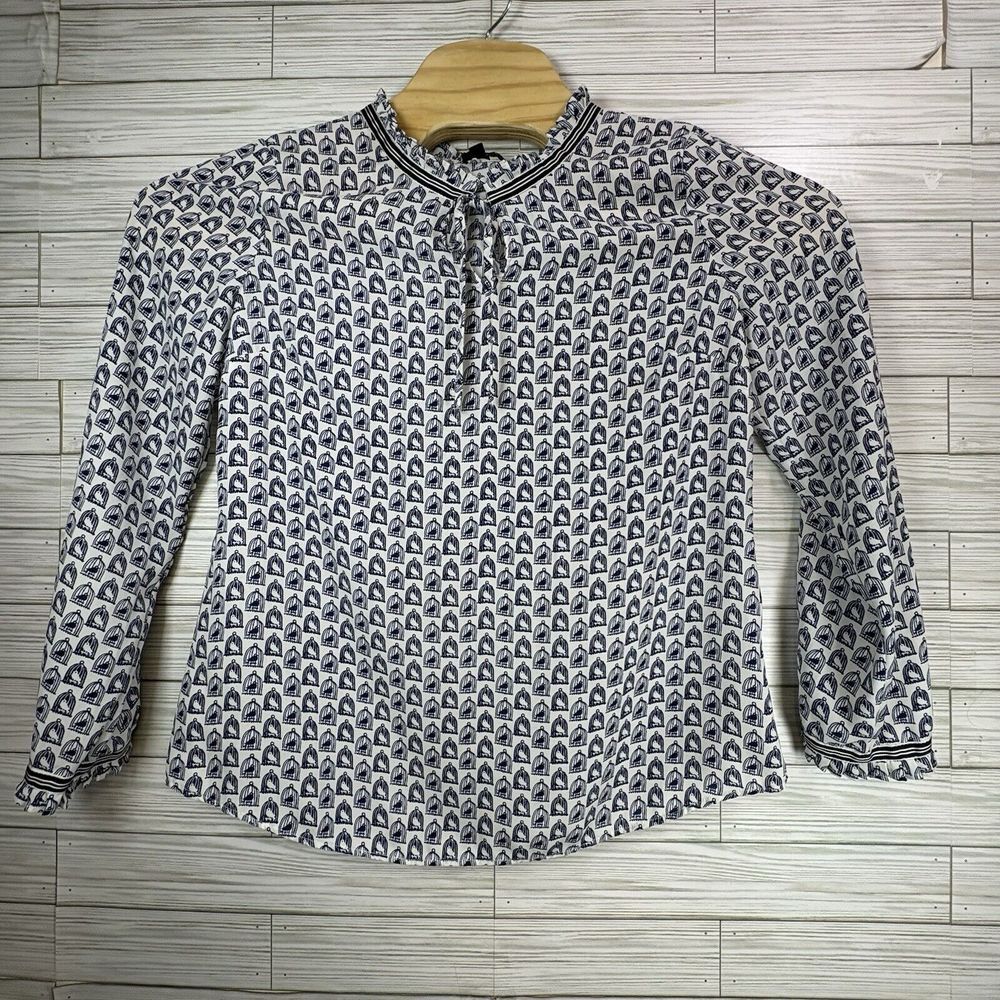 Talbots Women's White Blue Bird‎ Cage Print VNeck Blouse Top Size Med Polyester